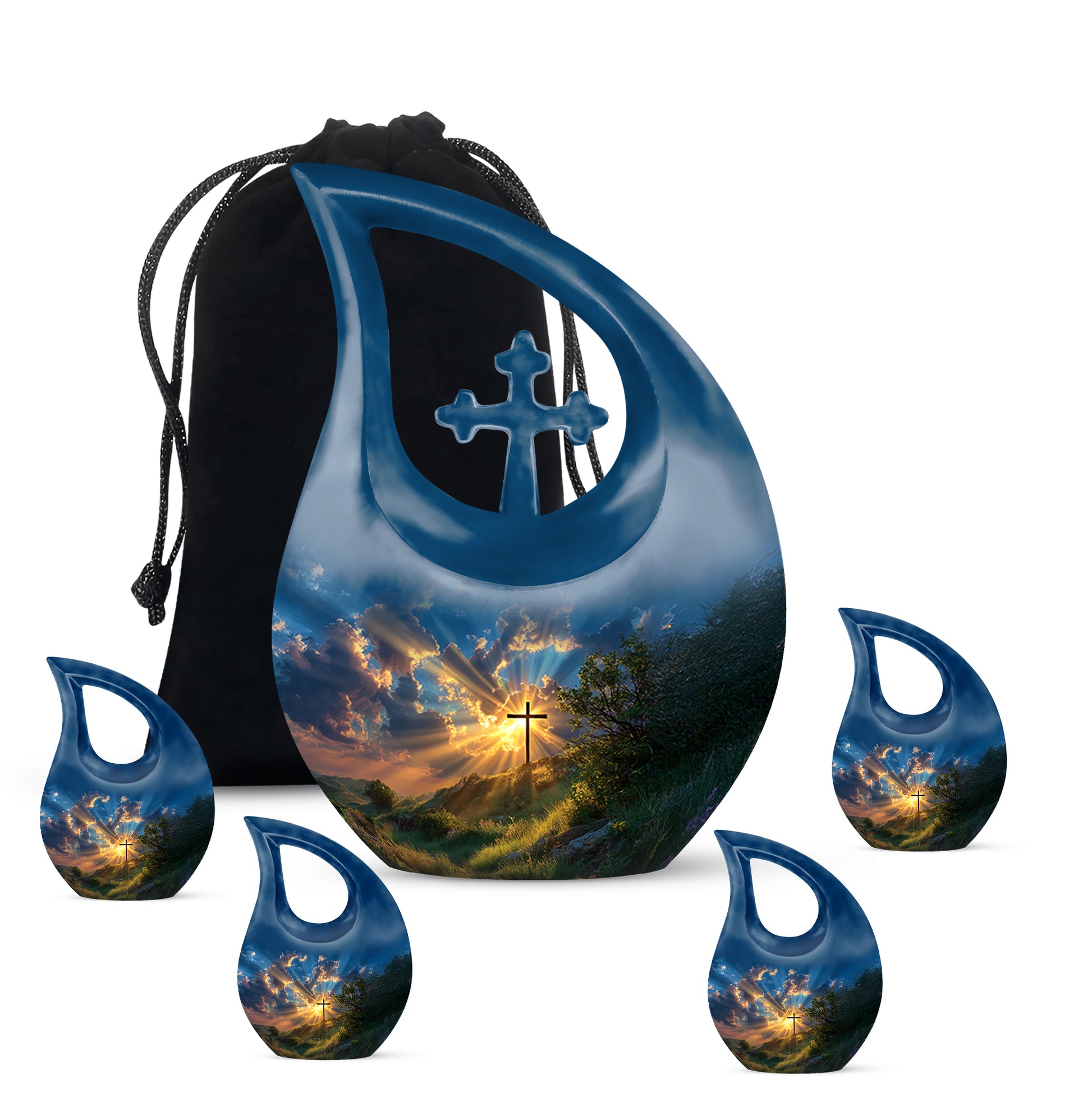 Dusty Blue Cross Cremation Urn urn with complimentary velvet bag - sacred cross merged with cross motif on metal - memorial set with one large and four small urns