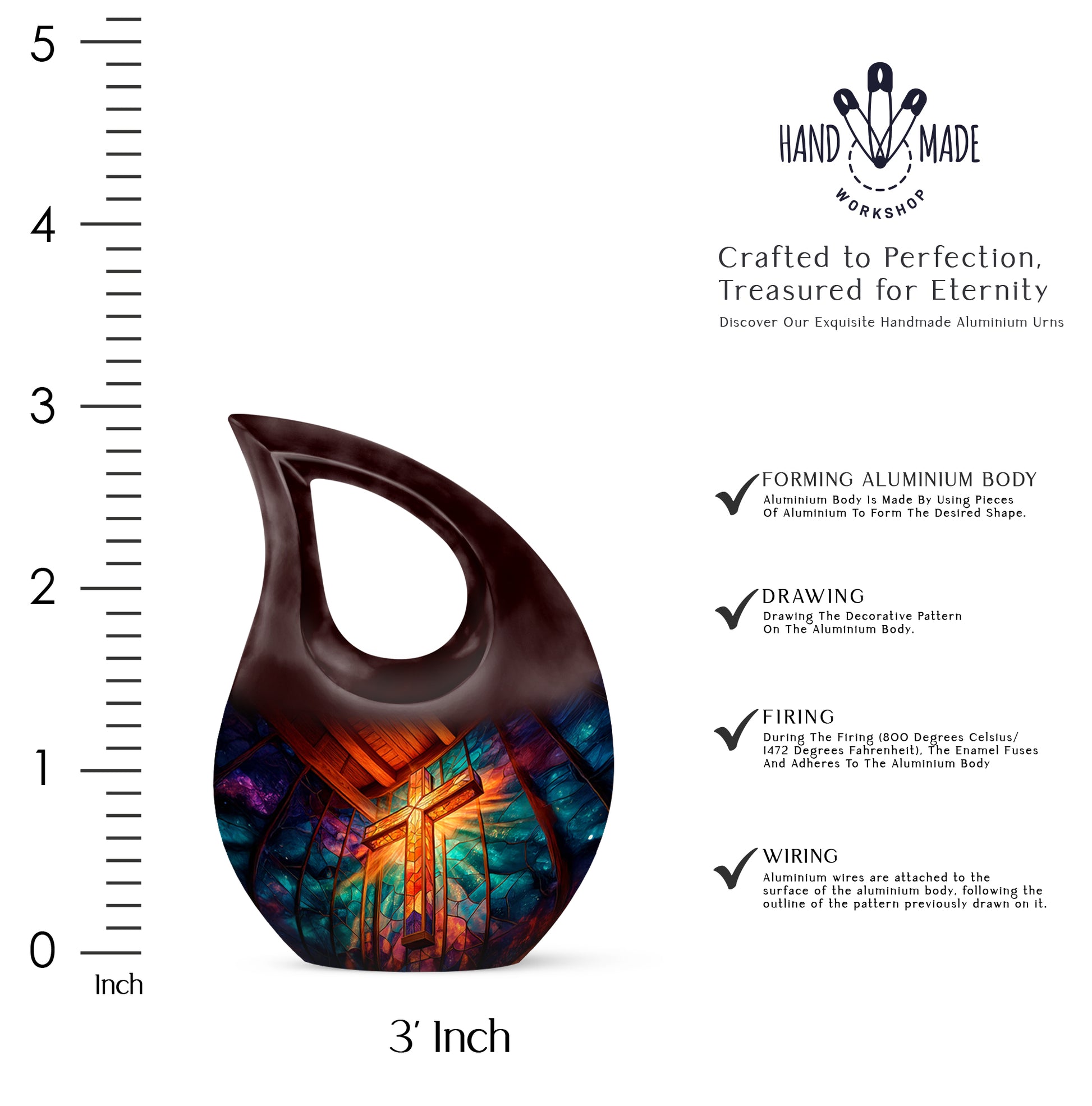 Crimson Red Cross Cremation Urn back view with polished surface - cross and cross combined in spiritual memorial design - mini keepsake memorial for portion of cremation ashes