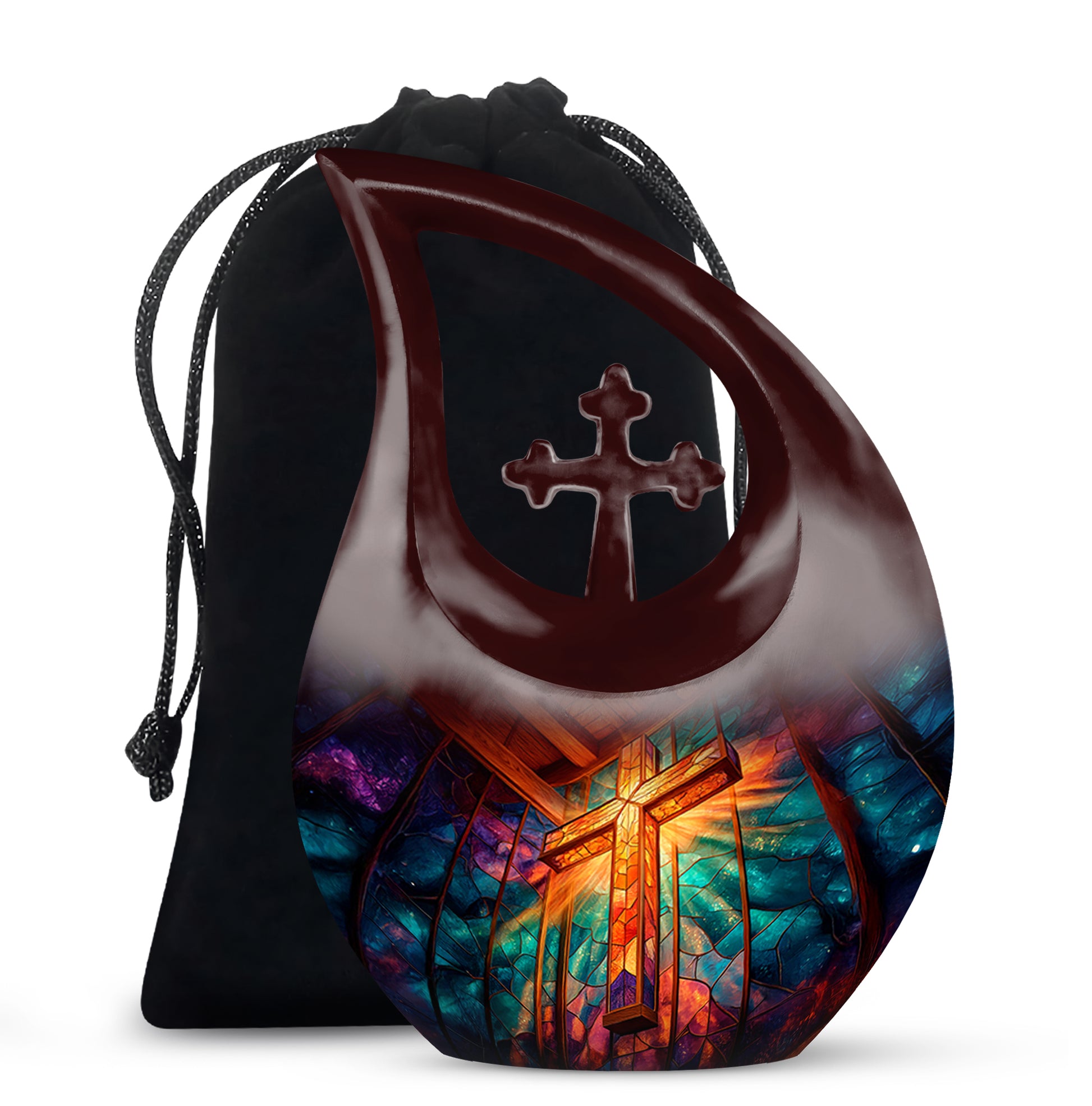 Crimson Red Cross Cremation Urn top-down view of secure threaded lid - cross and cross combined in spiritual memorial design - full-size 10 inch 200 cubic inch adult cremation urn