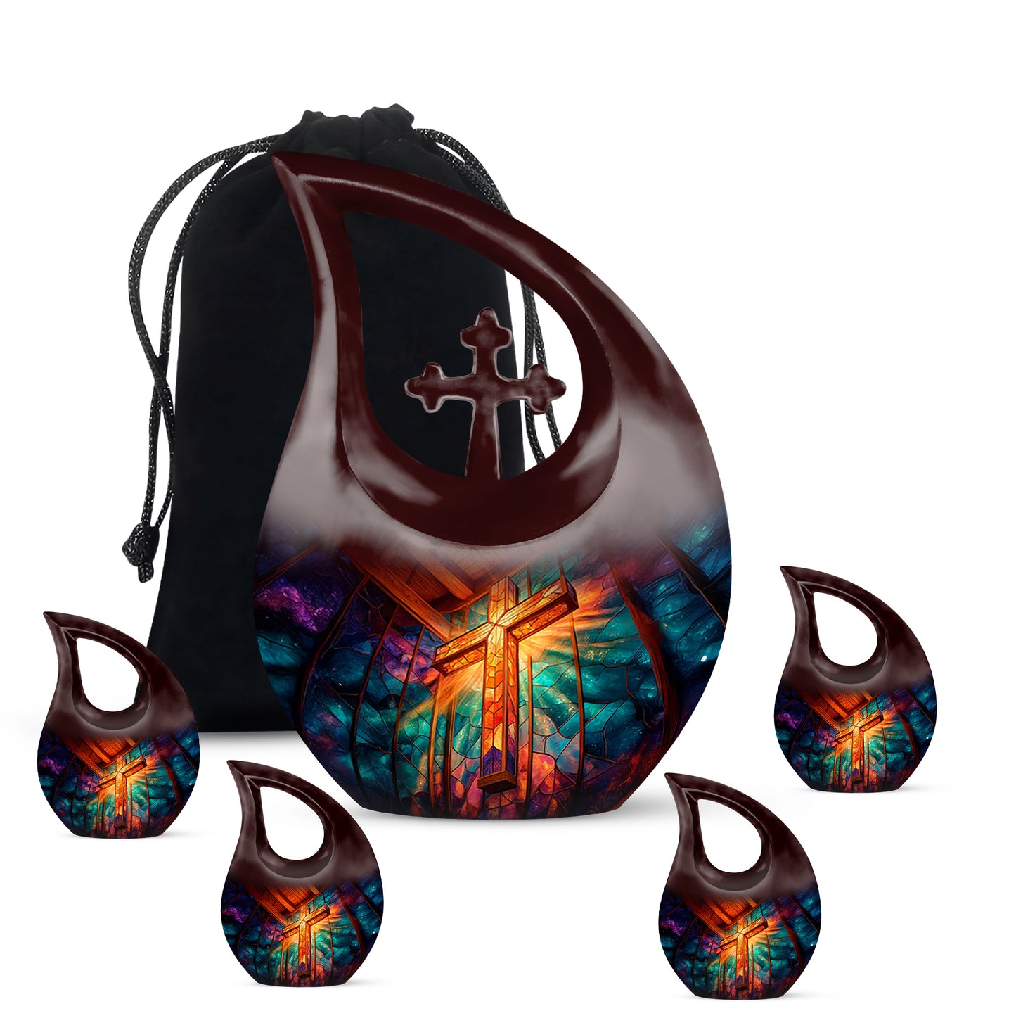 Burgundy Red Cross Cremation Urn urn with complimentary velvet bag - cross and cross combined in spiritual memorial design - memorial set with one large and four small urns
