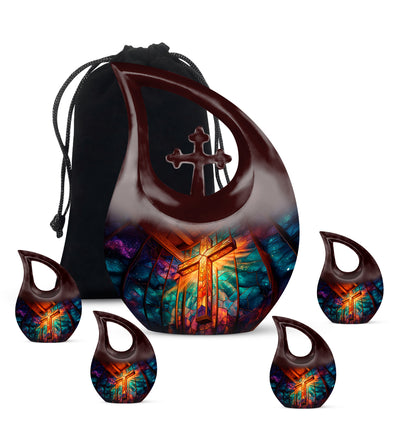 Burgundy Red Cross Cremation Urn urn with complimentary velvet bag - cross and cross combined in spiritual memorial design - memorial set with one large and four small urns