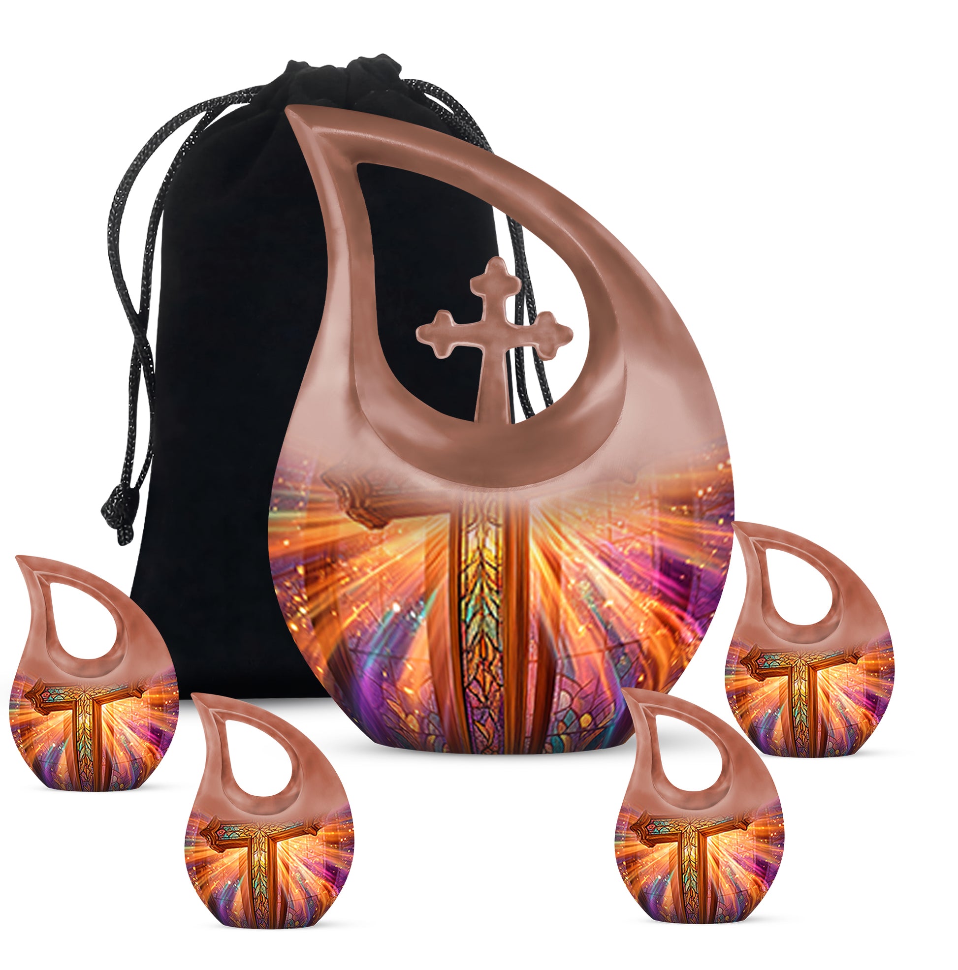 Obsidian Black Cross Cremation Urn urn with complimentary velvet bag - faith-inspired cross-drop urn with cross pattern - memorial set with one large and four small urns