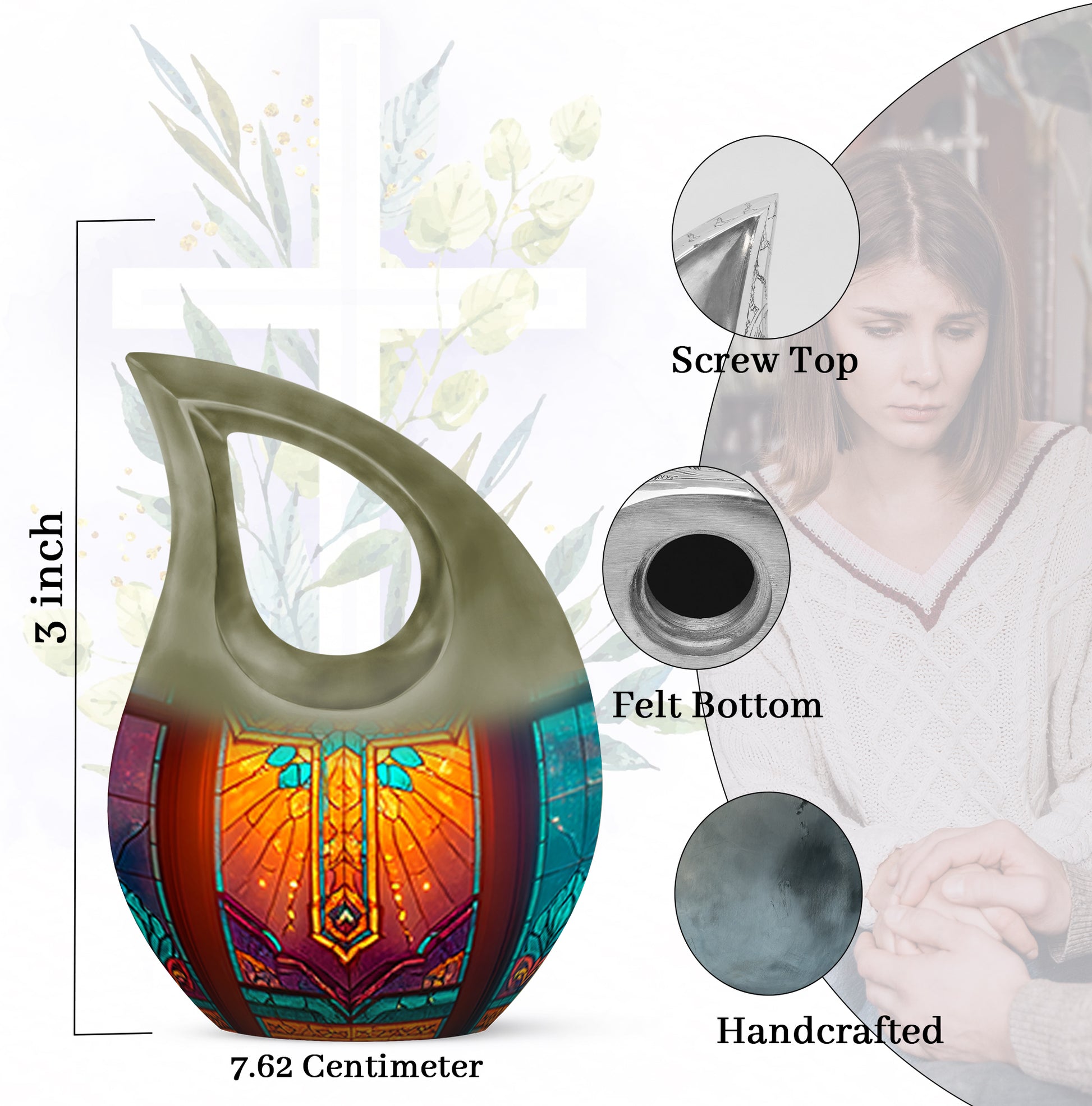 Glossy Black Cross Cremation Urn back view with polished surface - cross and cross combined in spiritual memorial design - mini keepsake memorial for portion of cremation ashes