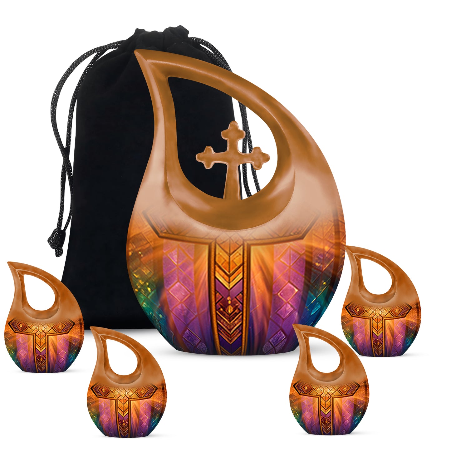 Dark Black Cross Cremation Urn urn with complimentary velvet bag - devotional cross-drop cross engraving - memorial set with one large and four small urns
