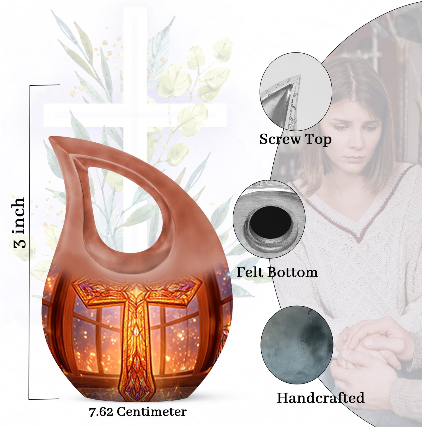Burgundy Red Cross Cremation Urn back view with polished surface - cross and cross combined in spiritual memorial design - mini keepsake memorial for portion of cremation ashes