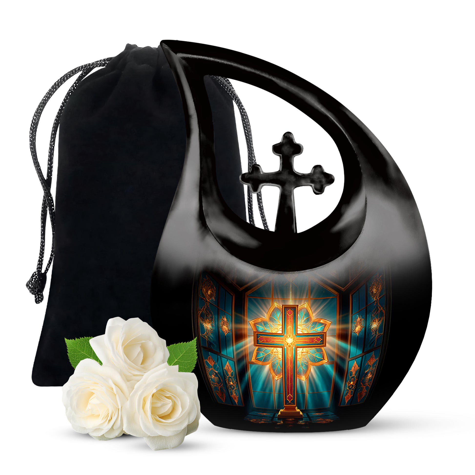 Burgundy Red Cross Cremation Urn top-down view of secure threaded lid - cross and cross combined in spiritual memorial design - full-size 10 inch 200 cubic inch adult cremation urn