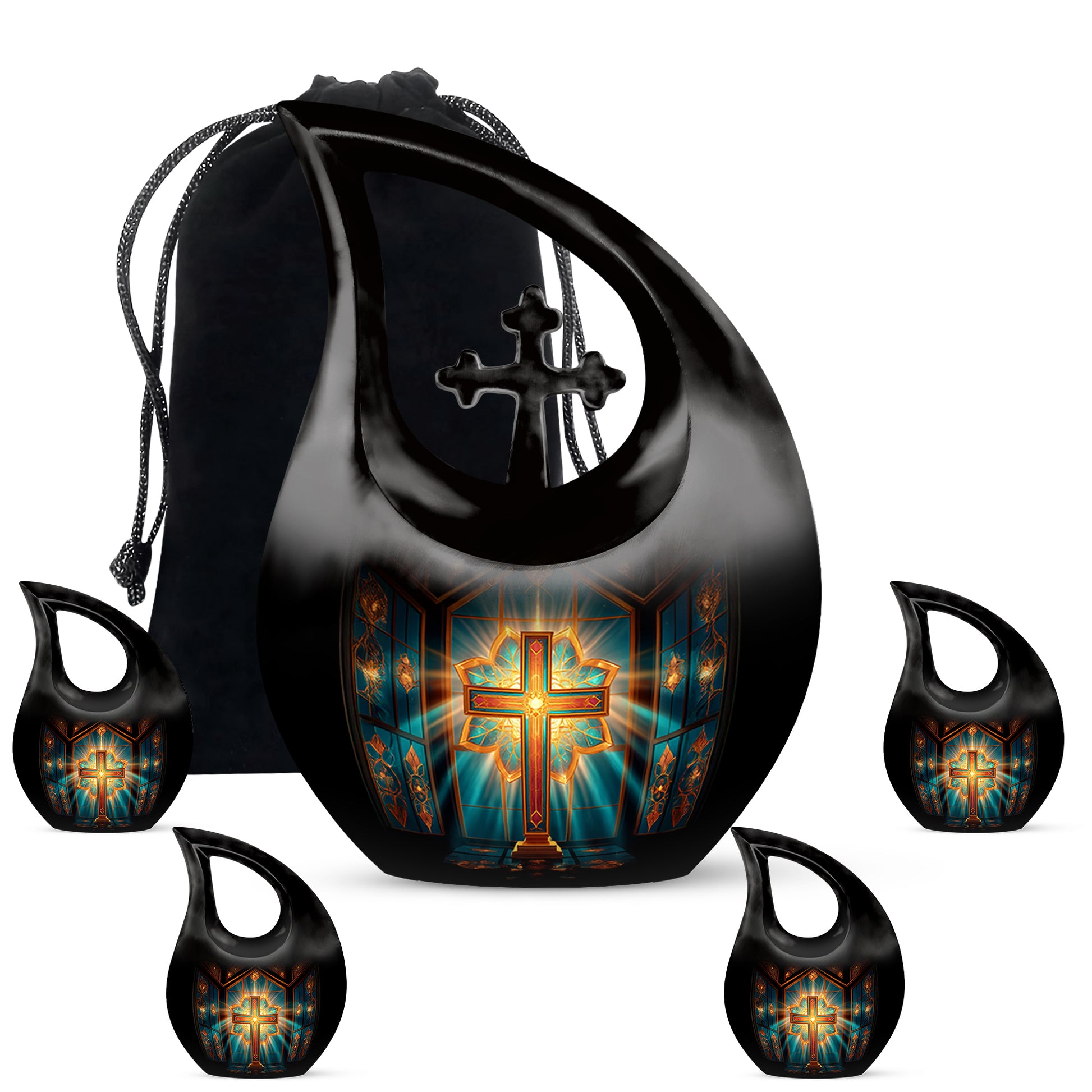 Scarlet Red Cross Cremation Urn urn with complimentary velvet bag - devotional cross-drop cross engraving - memorial set with one large and four small urns