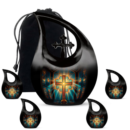 Scarlet Red Cross Cremation Urn urn with complimentary velvet bag - devotional cross-drop cross engraving - memorial set with one large and four small urns