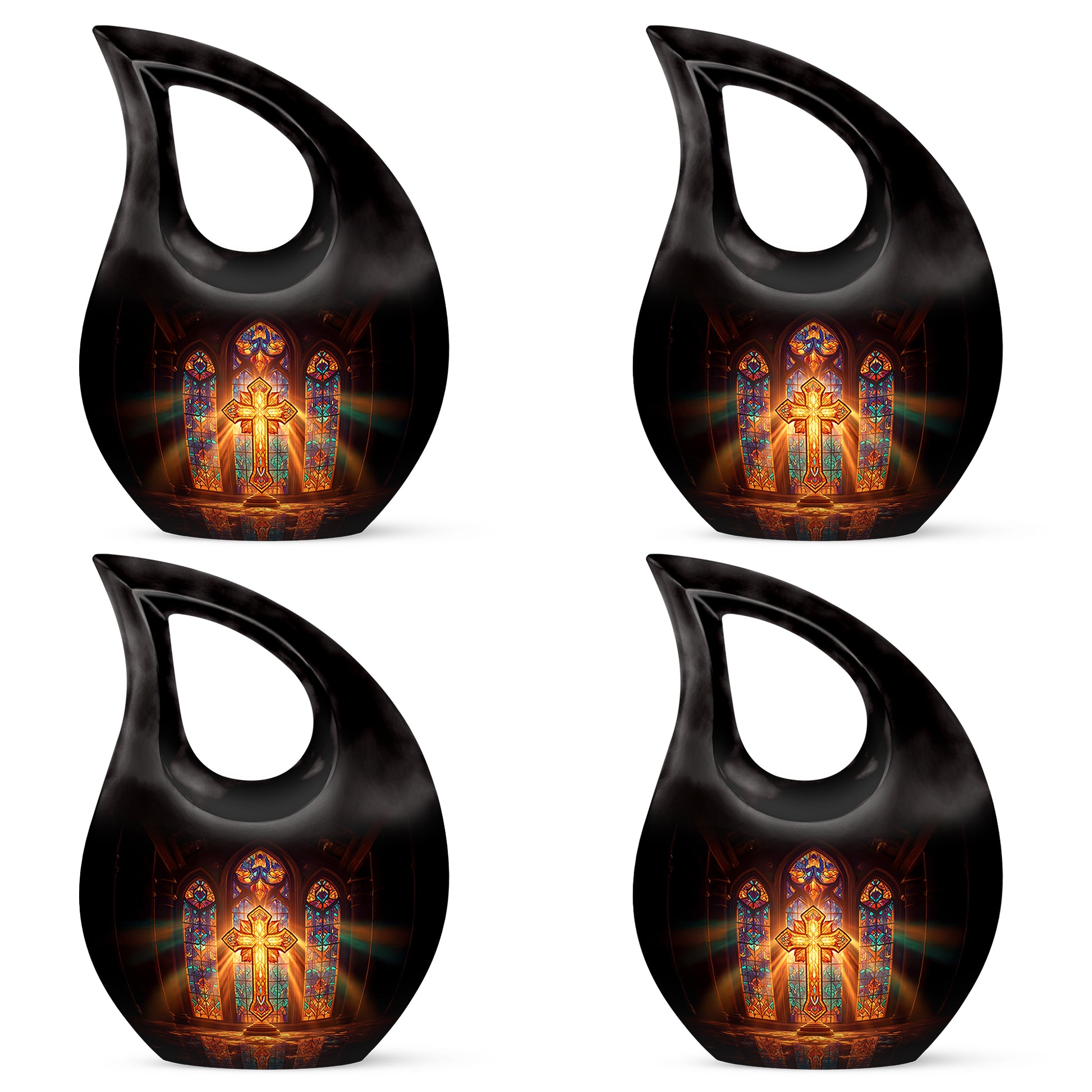 Deep Red Cross Cremation Urn lifestyle display on memorial shelf - sacred cross merged with cross motif on metal - 10 inch aluminum urn for cremated remains