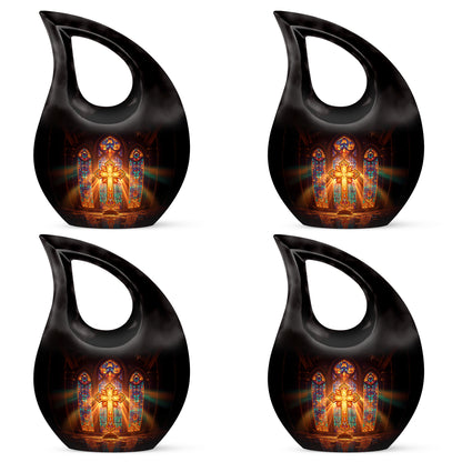 Deep Red Cross Cremation Urn lifestyle display on memorial shelf - sacred cross merged with cross motif on metal - 10 inch aluminum urn for cremated remains
