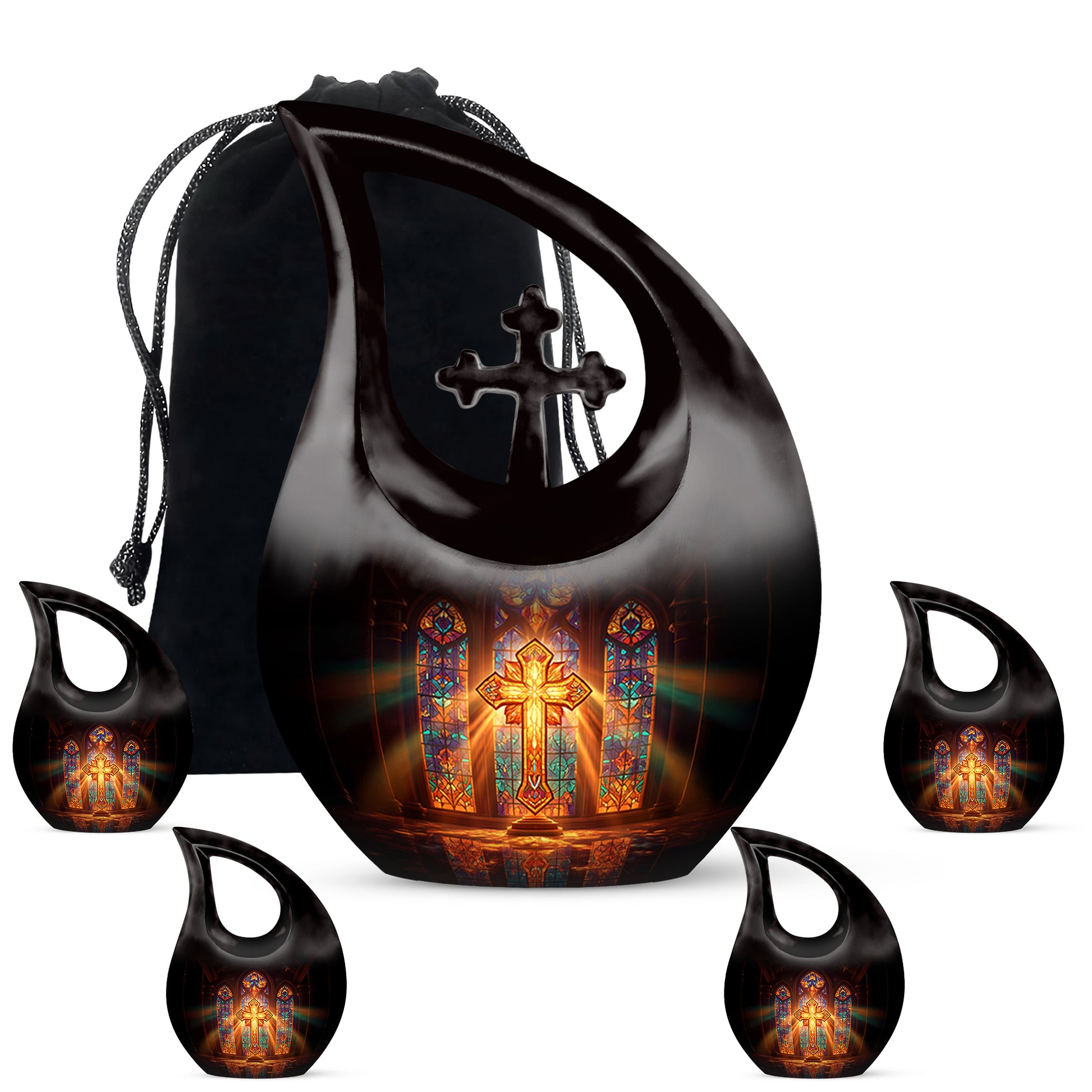 Deep Red Cross Cremation Urn urn with complimentary velvet bag - cross and cross combined in spiritual memorial design - memorial set with one large and four small urns