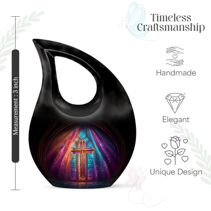 Obsidian Black Cross Cremation Urn back view with polished surface - faith-inspired cross-drop urn with cross pattern - mini keepsake memorial for portion of cremation ashes