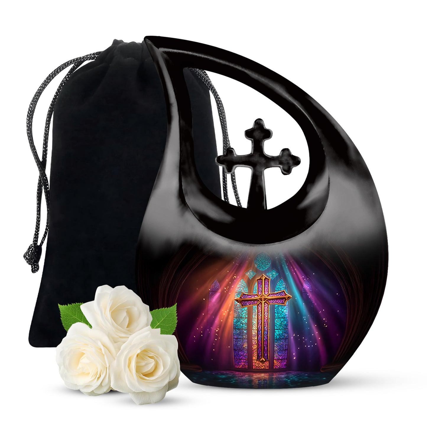 Glossy Black Cross Cremation Urn top-down view of secure threaded lid - sacred cross merged with cross motif on metal - full-size 10 inch 200 cubic inch adult cremation urn
