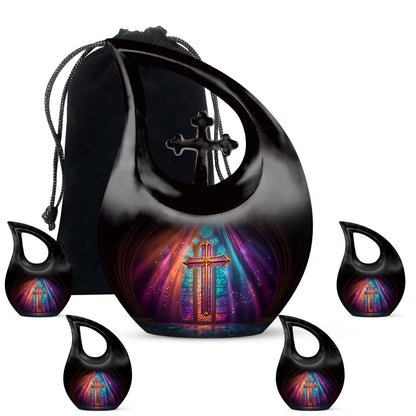 Rich Black Cross Cremation Urn urn with complimentary velvet bag - cross and cross combined in spiritual memorial design - memorial set with one large and four small urns