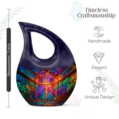 Twilight Purple Cross Cremation Urn back view with polished surface - faith-inspired cross-drop urn with cross pattern - mini keepsake memorial for portion of cremation ashes