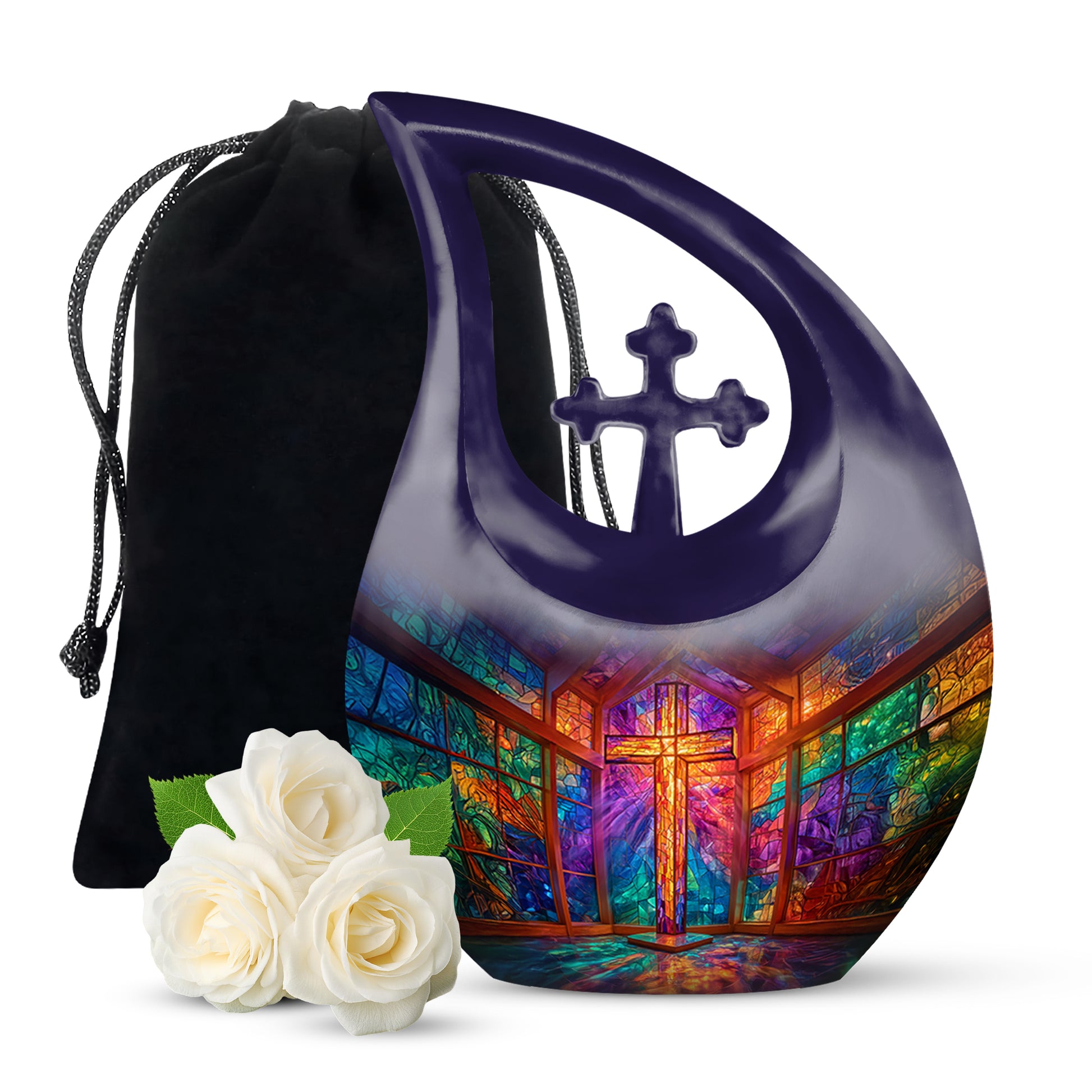 Majestic Purple Cross Cremation Urn top-down view of secure threaded lid - cross and cross combined in spiritual memorial design - full-size 10 inch 200 cubic inch adult cremation urn