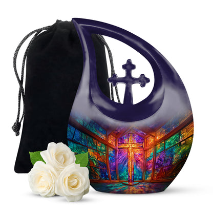 Majestic Purple Cross Cremation Urn top-down view of secure threaded lid - cross and cross combined in spiritual memorial design - full-size 10 inch 200 cubic inch adult cremation urn