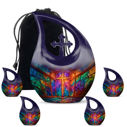 Plum Purple Cross Cremation Urn urn with complimentary velvet bag - cross and cross combined in spiritual memorial design - memorial set with one large and four small urns
