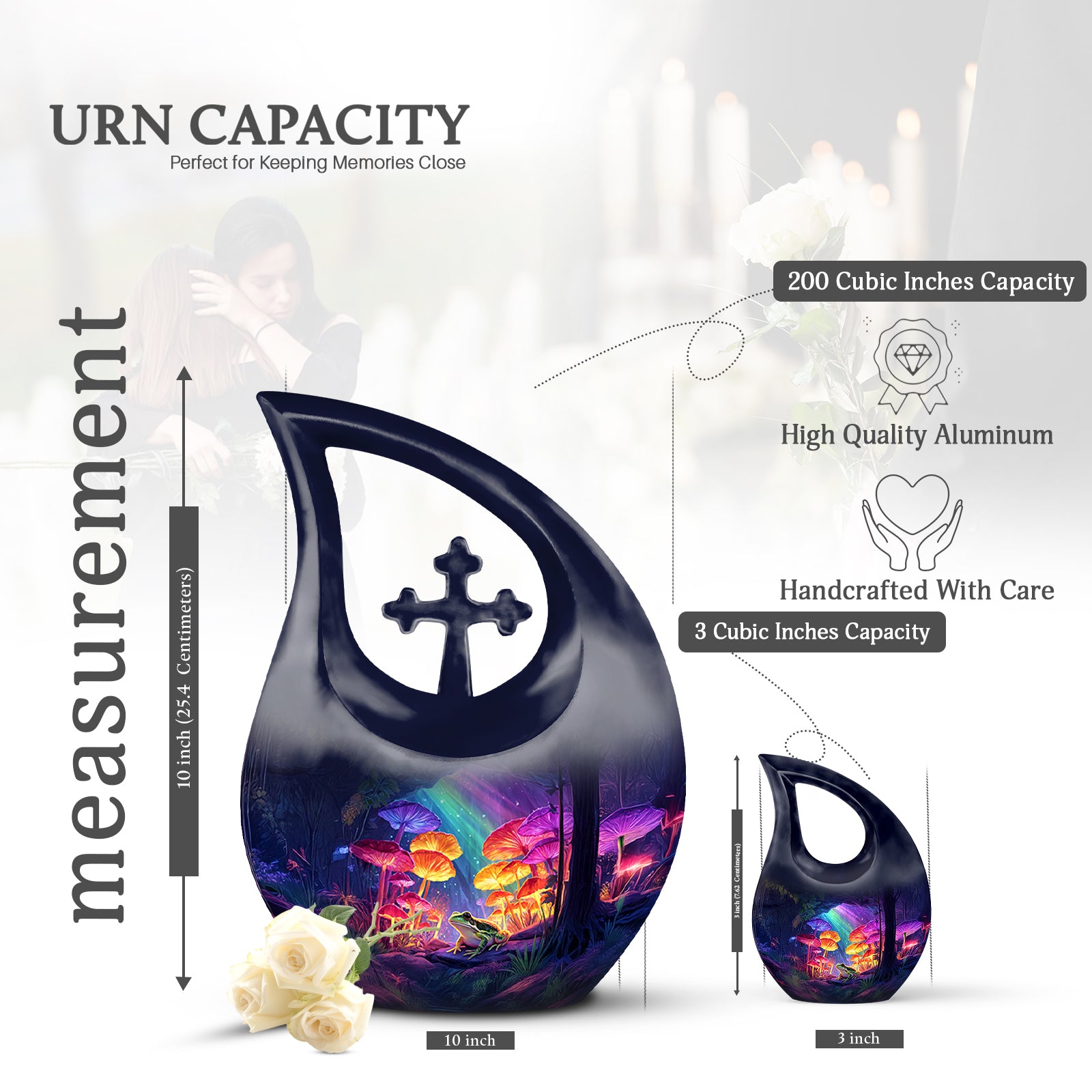 Royal Blue Frog Cremation Urn back view with polished surface - faith-inspired cross-drop urn with frog pattern - mini keepsake memorial for portion of cremation ashes