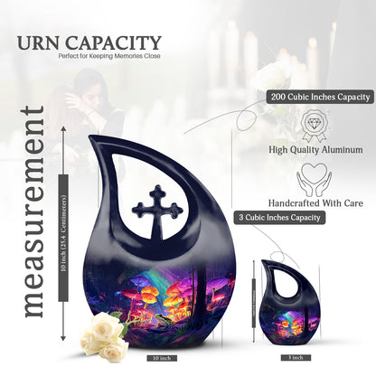 Royal Blue Frog Cremation Urn back view with polished surface - faith-inspired cross-drop urn with frog pattern - mini keepsake memorial for portion of cremation ashes