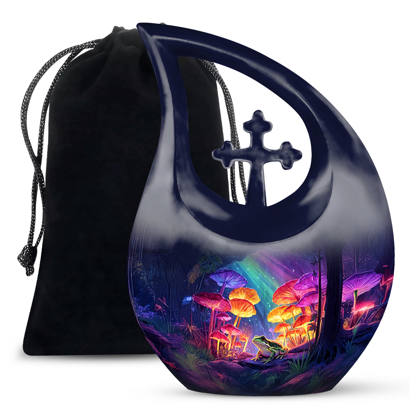 Bright Blue Frog Cremation Urn top-down view of secure threaded lid - devotional cross-drop frog engraving - full-size 10 inch 200 cubic inch adult cremation urn