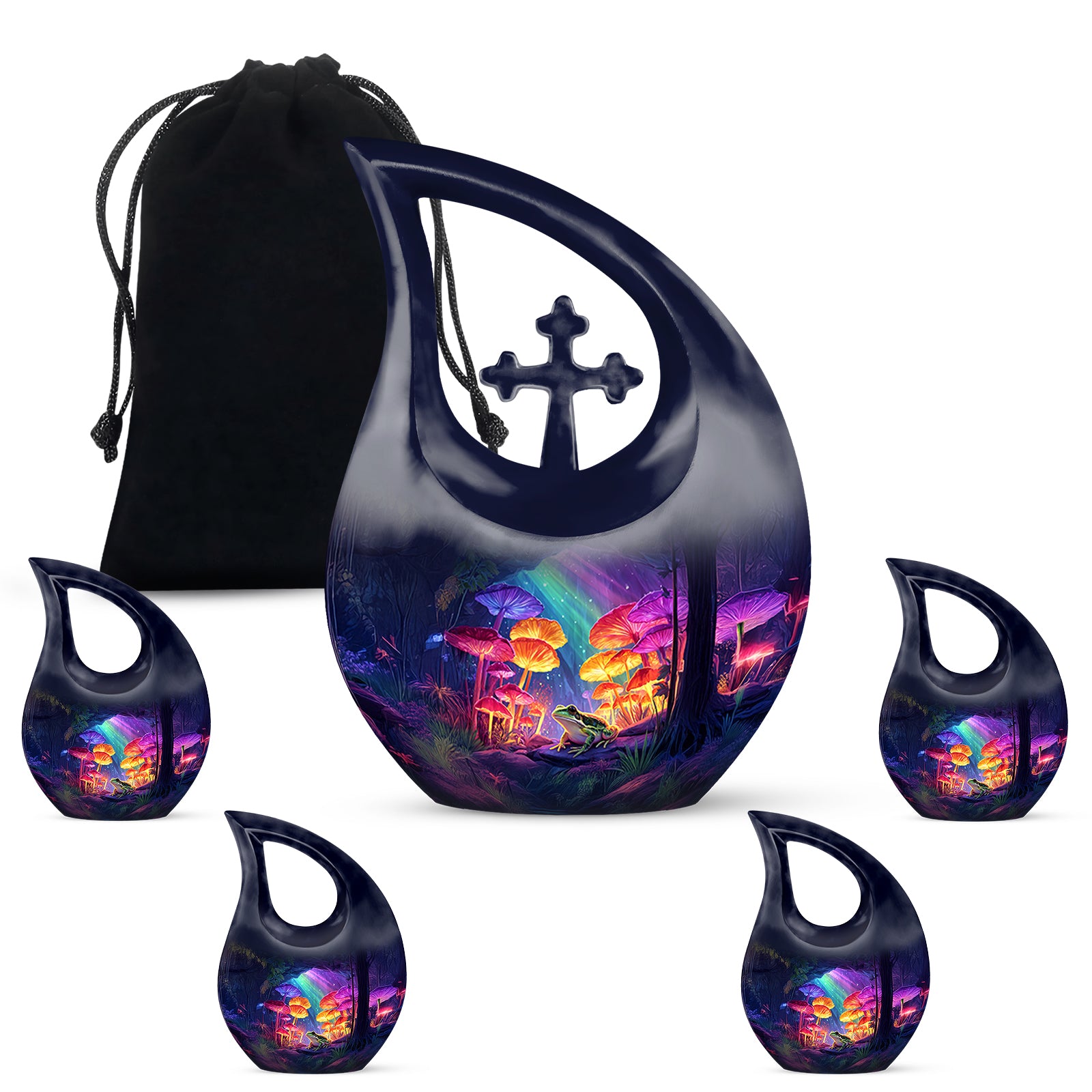 Celestial Blue Frog Cremation Urn urn with complimentary velvet bag - cross and frog combined in spiritual memorial design - memorial set with one large and four small urns