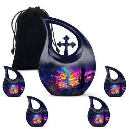 Celestial Blue Frog Cremation Urn urn with complimentary velvet bag - cross and frog combined in spiritual memorial design - memorial set with one large and four small urns