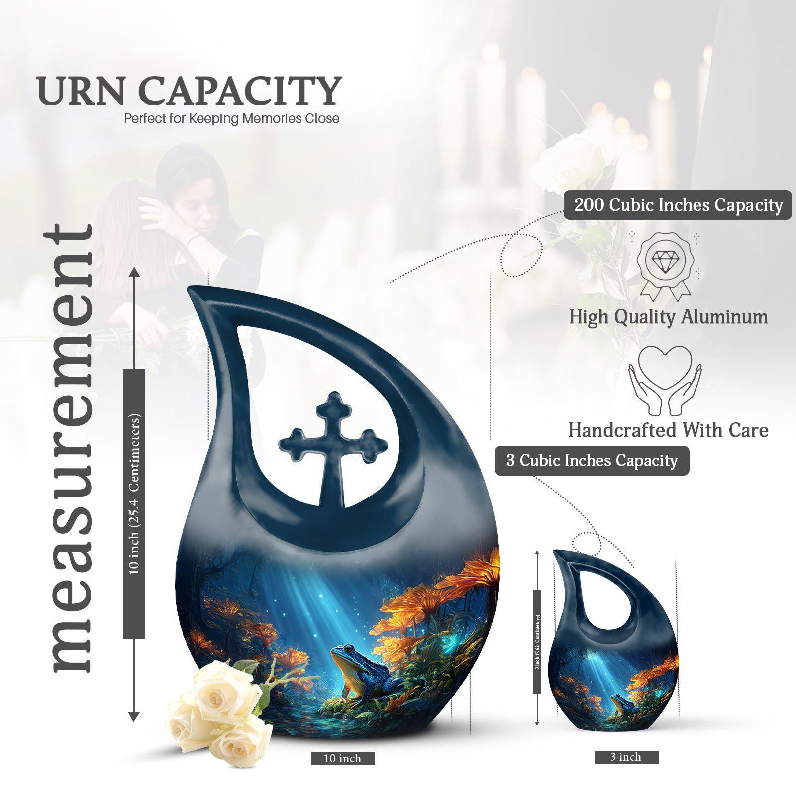 Azure Frog Cremation Urn back view with polished surface - sacred cross merged with frog motif on metal - mini keepsake memorial for portion of cremation ashes