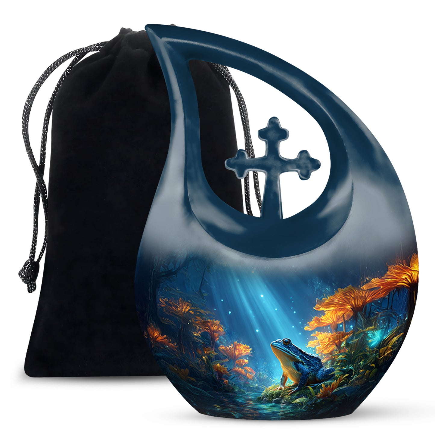 Misty Blue Frog Cremation Urn top-down view of secure threaded lid - cross and frog combined in spiritual memorial design - full-size 10 inch 200 cubic inch adult cremation urn