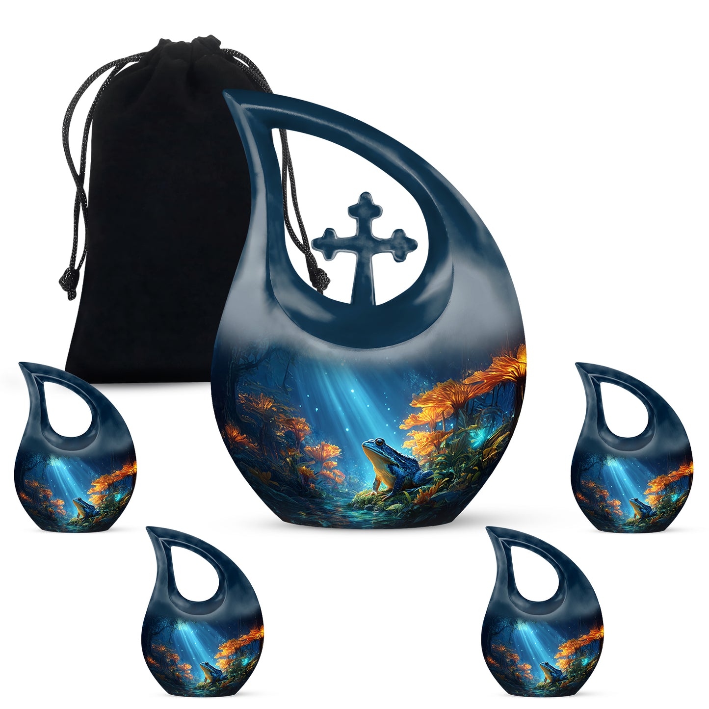 Navy Blue Frog Cremation Urn urn with complimentary velvet bag - cross and frog combined in spiritual memorial design - memorial set with one large and four small urns