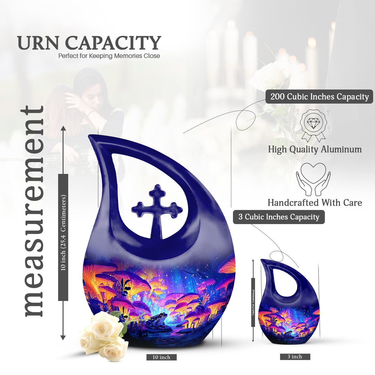 Slate Blue Frog Cremation Urn back view with polished surface - sacred cross merged with frog motif on metal - mini keepsake memorial for portion of cremation ashes