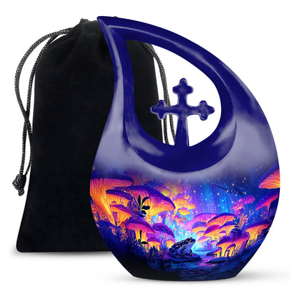 Navy Blue Frog Cremation Urn top-down view of secure threaded lid - cross and frog combined in spiritual memorial design - full-size 10 inch 200 cubic inch adult cremation urn