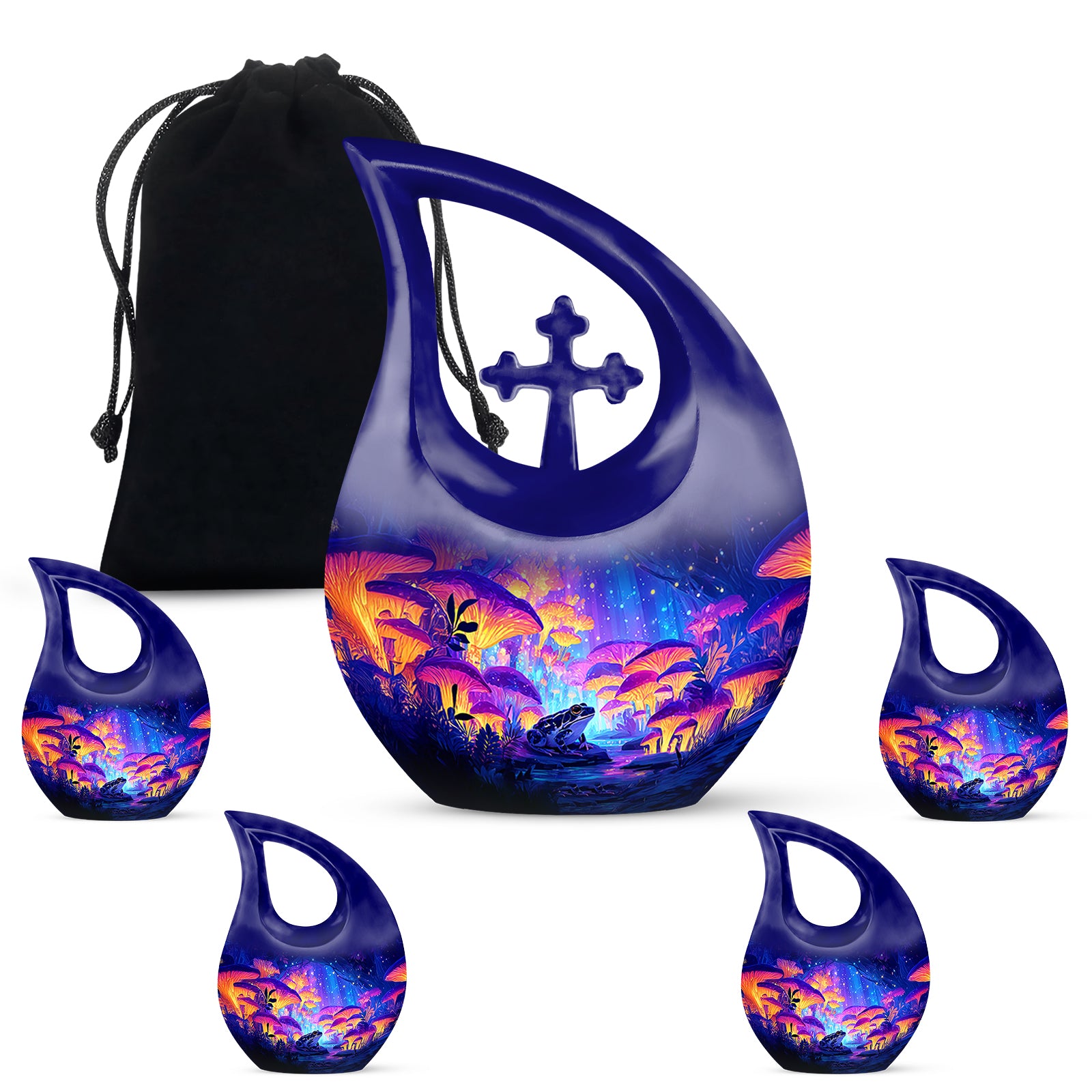 Steel Blue Frog Cremation Urn urn with complimentary velvet bag - devotional cross-drop frog engraving - memorial set with one large and four small urns
