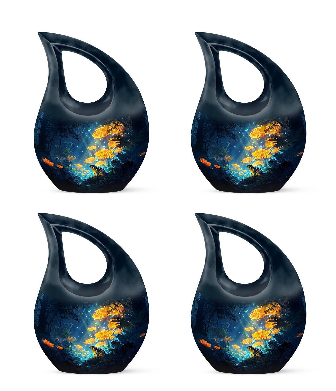 Celestial Blue Frog Cremation Urn lifestyle display on memorial shelf - sacred cross merged with frog motif on metal - 10 inch aluminum urn for cremated remains