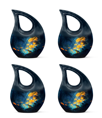 Celestial Blue Frog Cremation Urn lifestyle display on memorial shelf - sacred cross merged with frog motif on metal - 10 inch aluminum urn for cremated remains