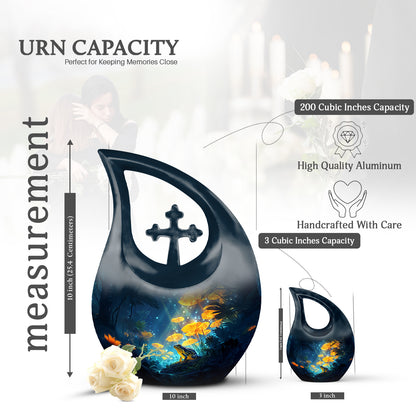 Twilight Blue Frog Cremation Urn back view with polished surface - faith-inspired cross-drop urn with frog pattern - mini keepsake memorial for portion of cremation ashes