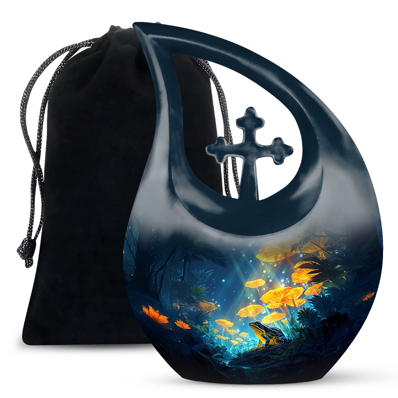 Indigo Frog Cremation Urn top-down view of secure threaded lid - cross and frog combined in spiritual memorial design - full-size 10 inch 200 cubic inch adult cremation urn