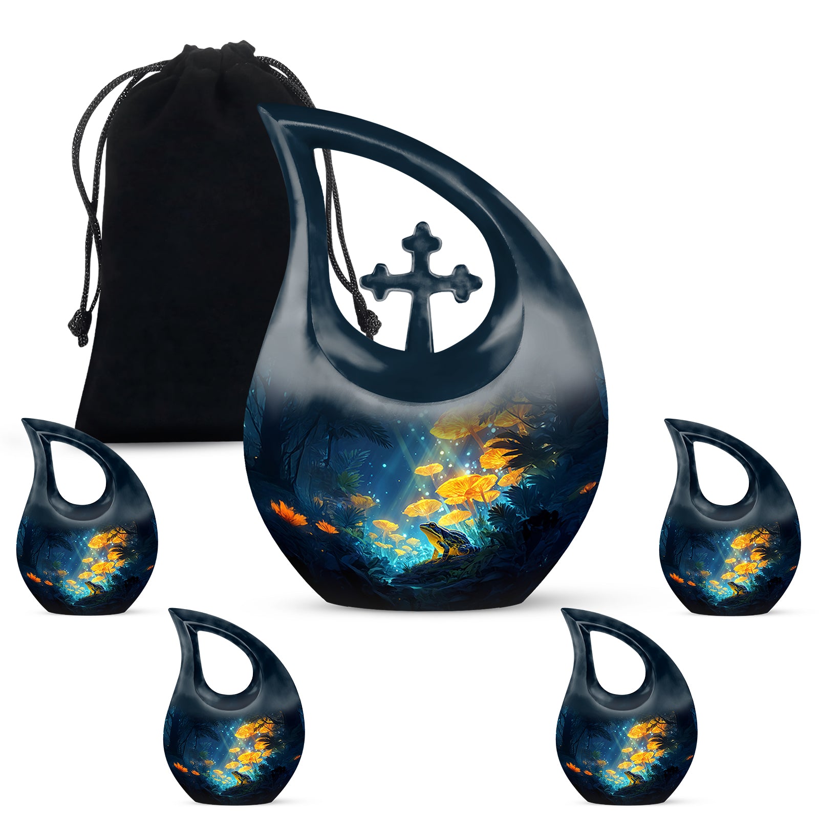 Navy Blue Frog Cremation Urn urn with complimentary velvet bag - cross and frog combined in spiritual memorial design - memorial set with one large and four small urns