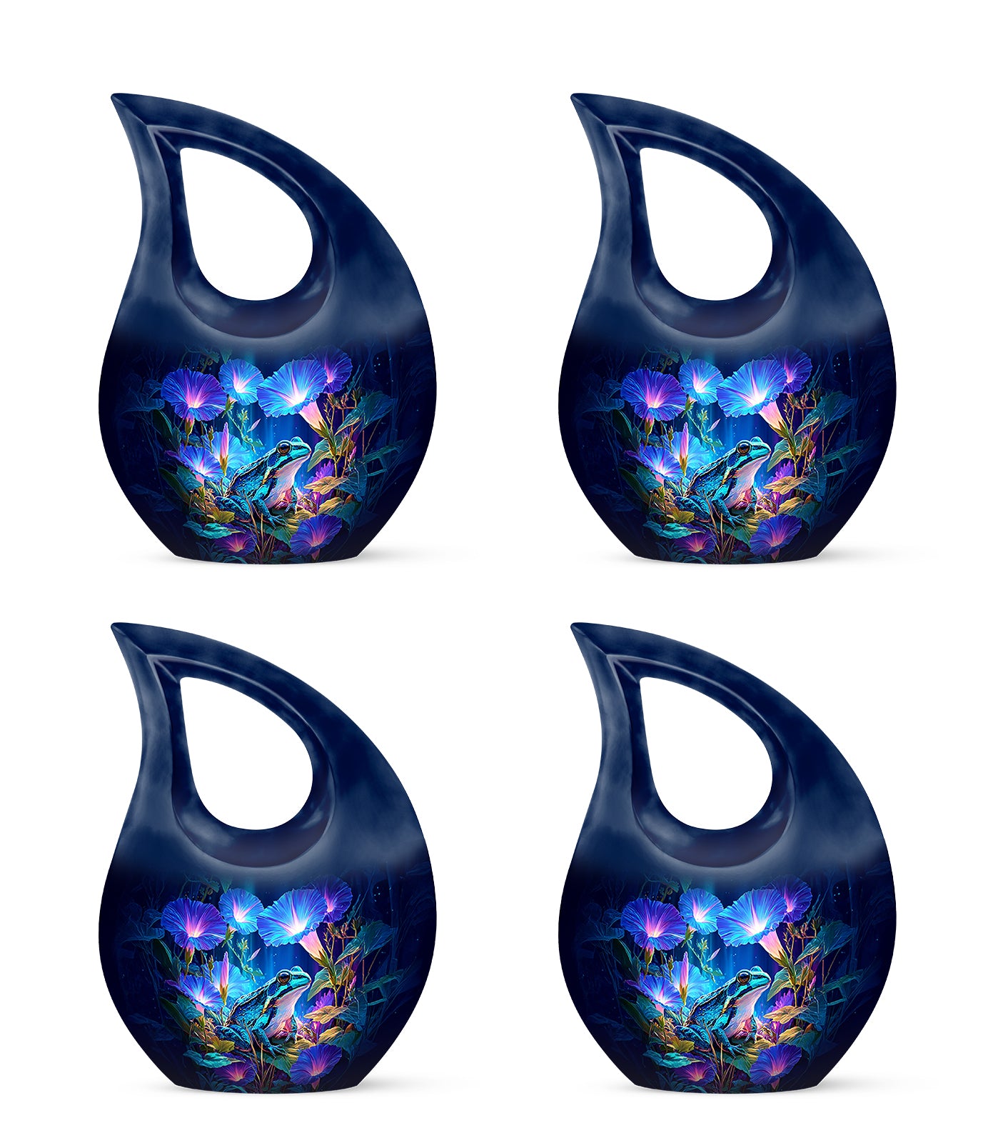 Navy Blue Frog Cremation Urn lifestyle display on memorial shelf - sacred cross merged with frog motif on metal - 10 inch aluminum urn for cremated remains