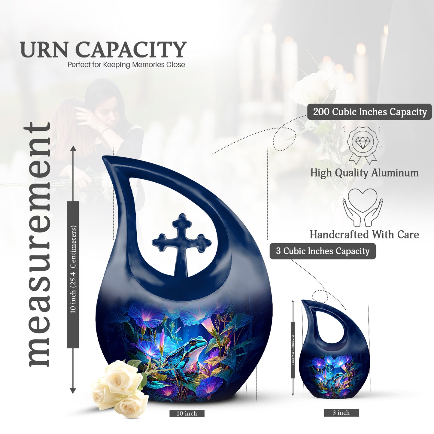 Soft Blue Frog Cremation Urn back view with polished surface - devotional cross-drop frog engraving - mini keepsake memorial for portion of cremation ashes