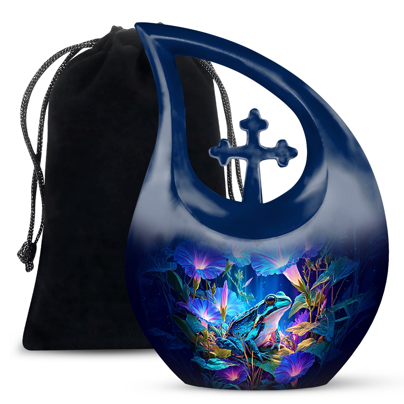 Steel Blue Frog Cremation Urn top-down view of secure threaded lid - faith-inspired cross-drop urn with frog pattern - full-size 10 inch 200 cubic inch adult cremation urn