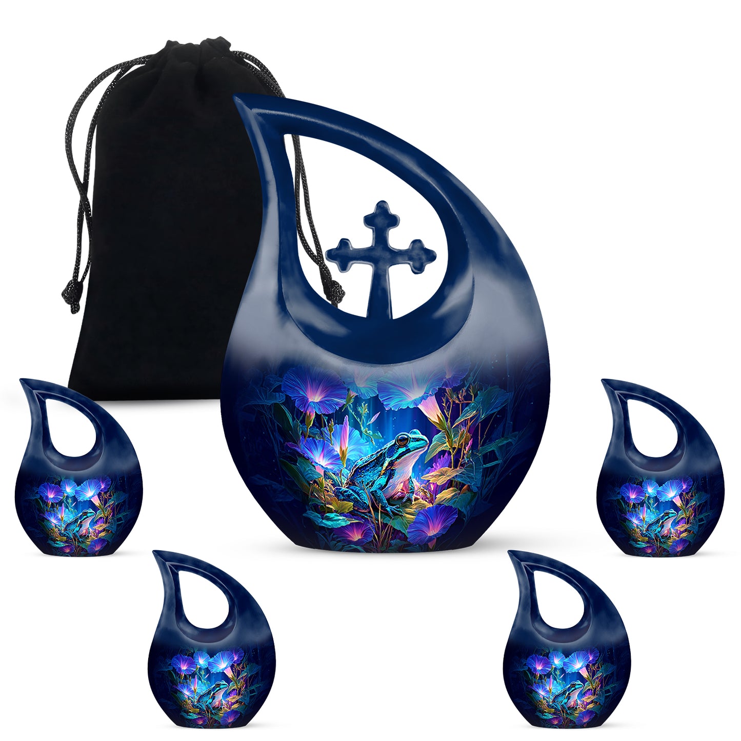 Slate Blue Frog Cremation Urn urn with complimentary velvet bag - sacred cross merged with frog motif on metal - memorial set with one large and four small urns