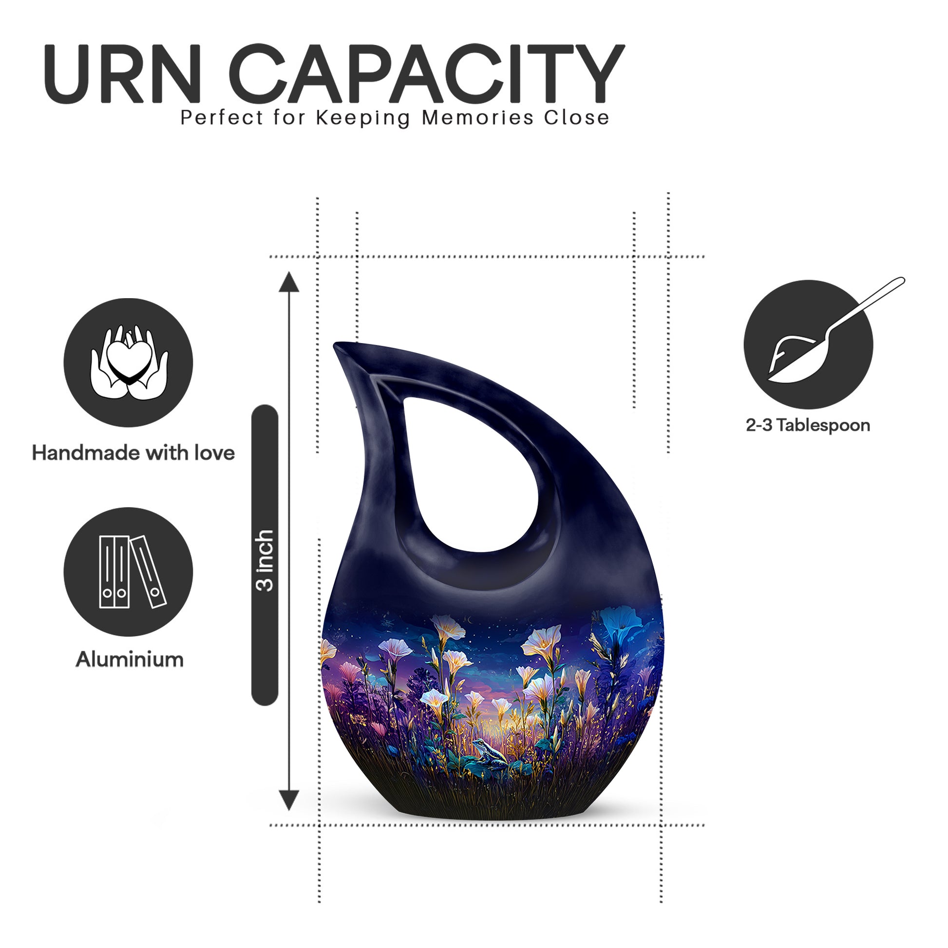 Royal Blue Frog Cremation Urn back view with polished surface - faith-inspired cross-drop urn with frog pattern - mini keepsake memorial for portion of cremation ashes