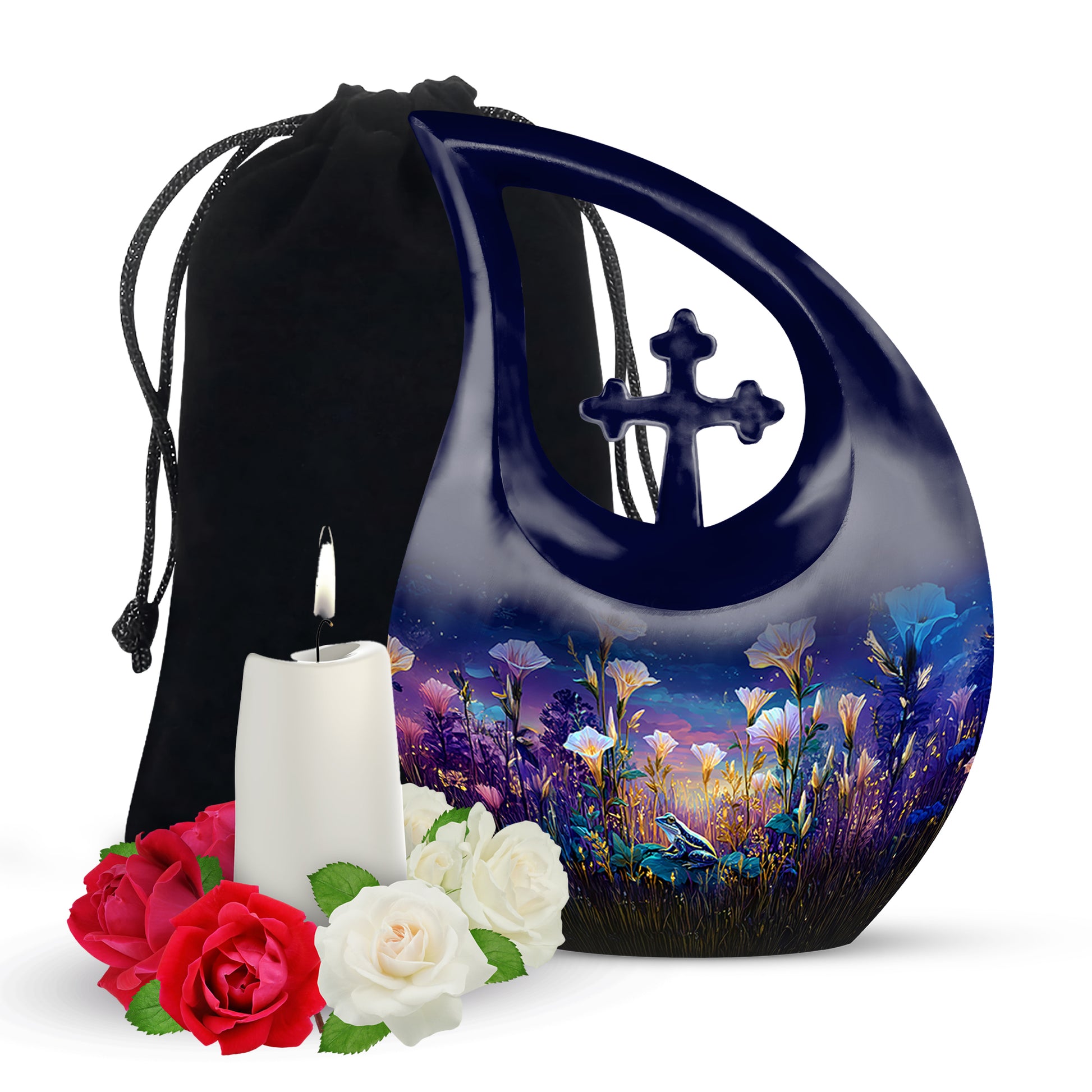 Calming Blue Frog Cremation Urn top-down view of secure threaded lid - faith-inspired cross-drop urn with frog pattern - full-size 10 inch 200 cubic inch adult cremation urn