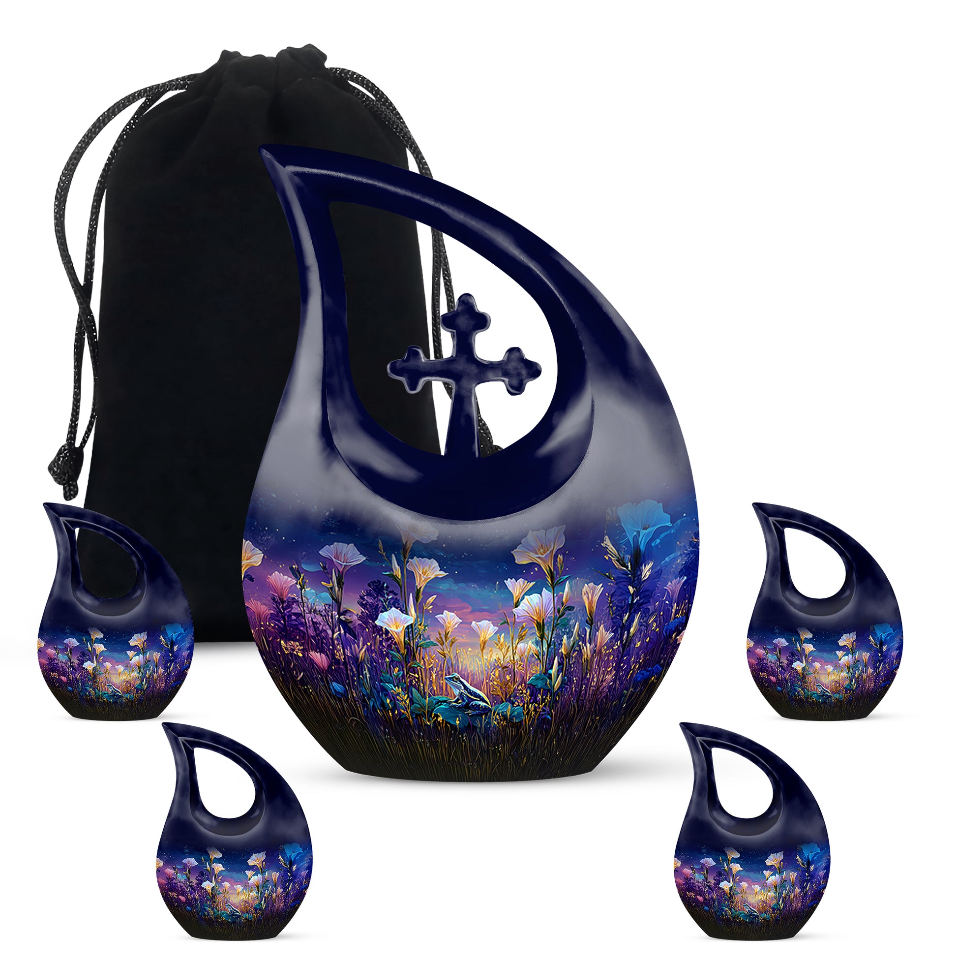 Sapphire Blue Frog Cremation Urn urn with complimentary velvet bag - faith-inspired cross-drop urn with frog pattern - memorial set with one large and four small urns