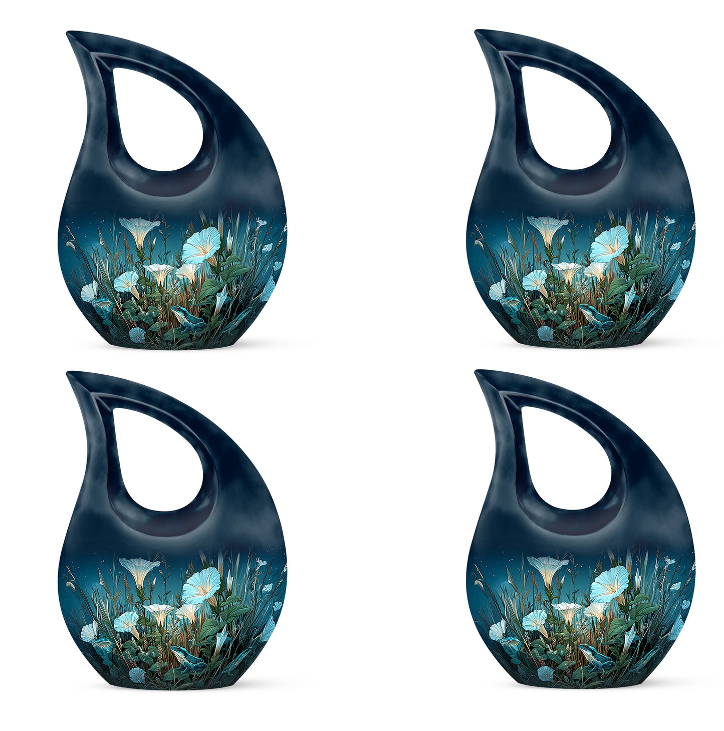 Twilight Blue Frog Cremation Urn lifestyle display on memorial shelf - faith-inspired cross-drop urn with frog pattern - 10 inch aluminum urn for cremated remains