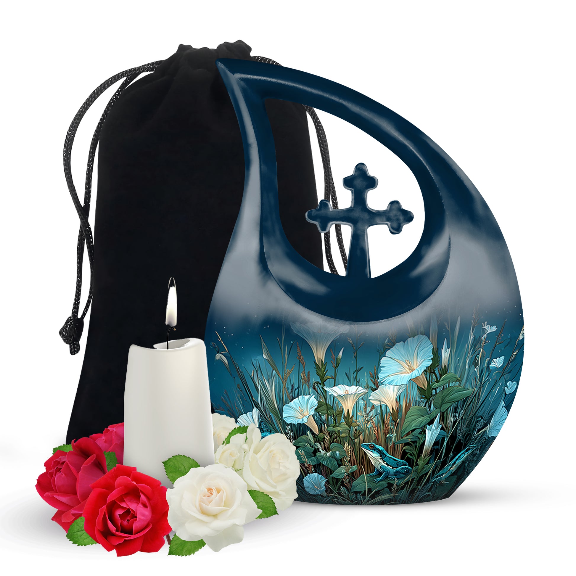 Pastel Blue Frog Cremation Urn top-down view of secure threaded lid - sacred cross merged with frog motif on metal - full-size 10 inch 200 cubic inch adult cremation urn