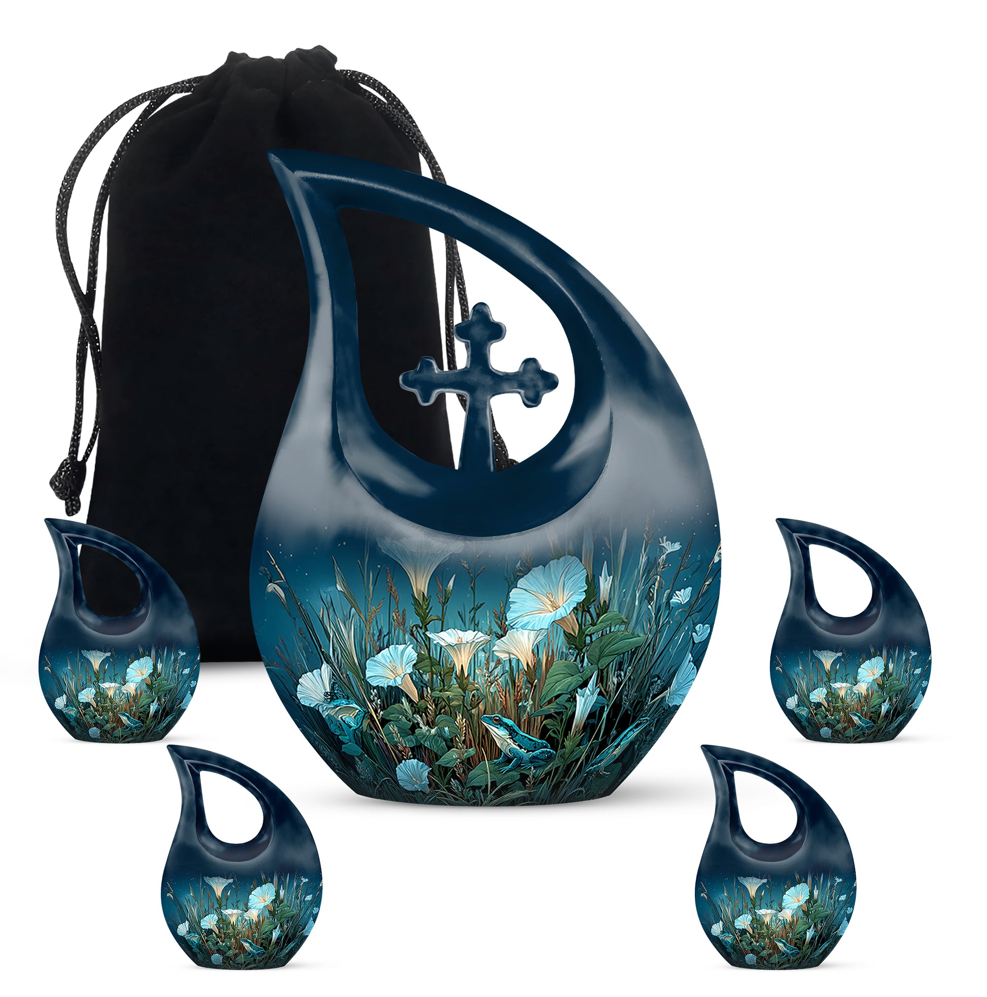 Calming Blue Frog Cremation Urn urn with complimentary velvet bag - devotional cross-drop frog engraving - memorial set with one large and four small urns