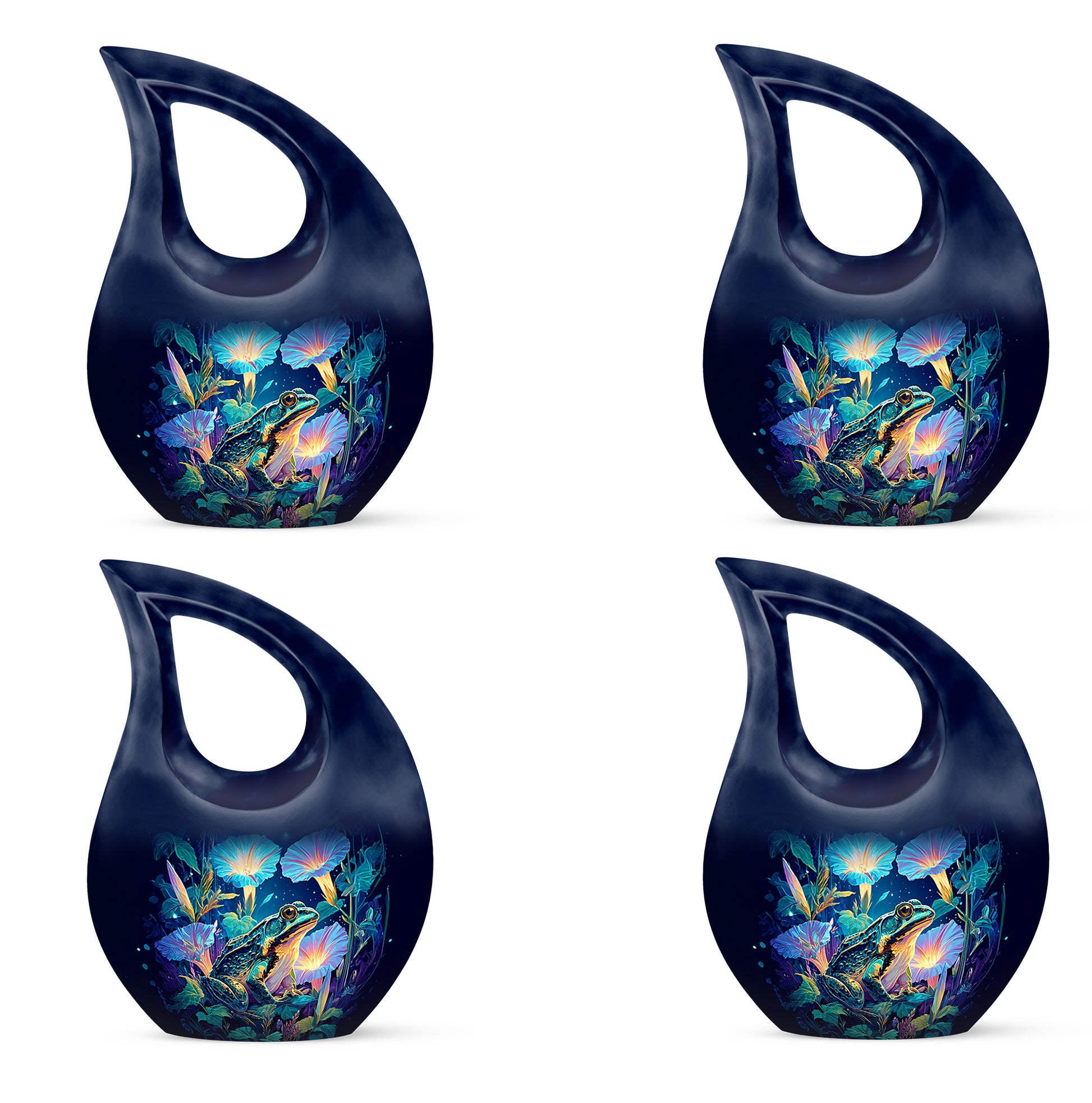 Navy Blue Frog Cremation Urn lifestyle display on memorial shelf - sacred cross merged with frog motif on metal - 10 inch aluminum urn for cremated remains