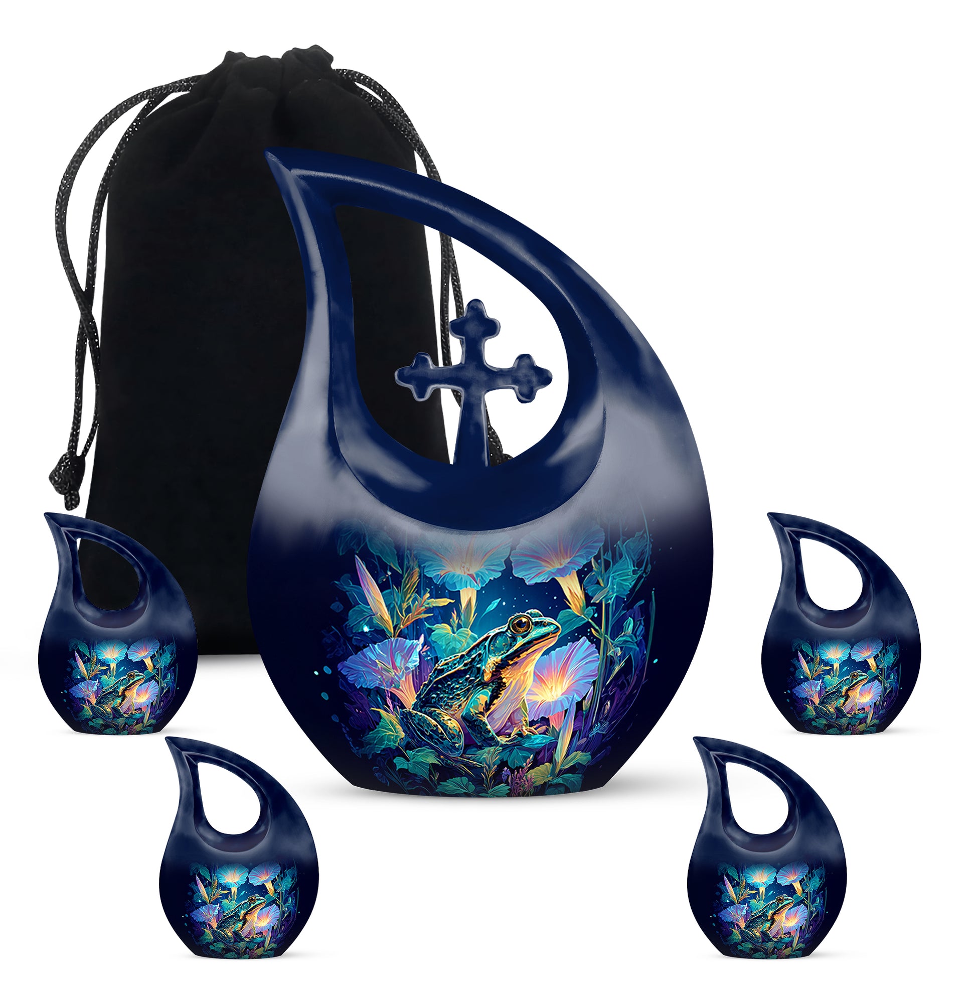 Twilight Blue Frog Cremation Urn urn with complimentary velvet bag - faith-inspired cross-drop urn with frog pattern - memorial set with one large and four small urns